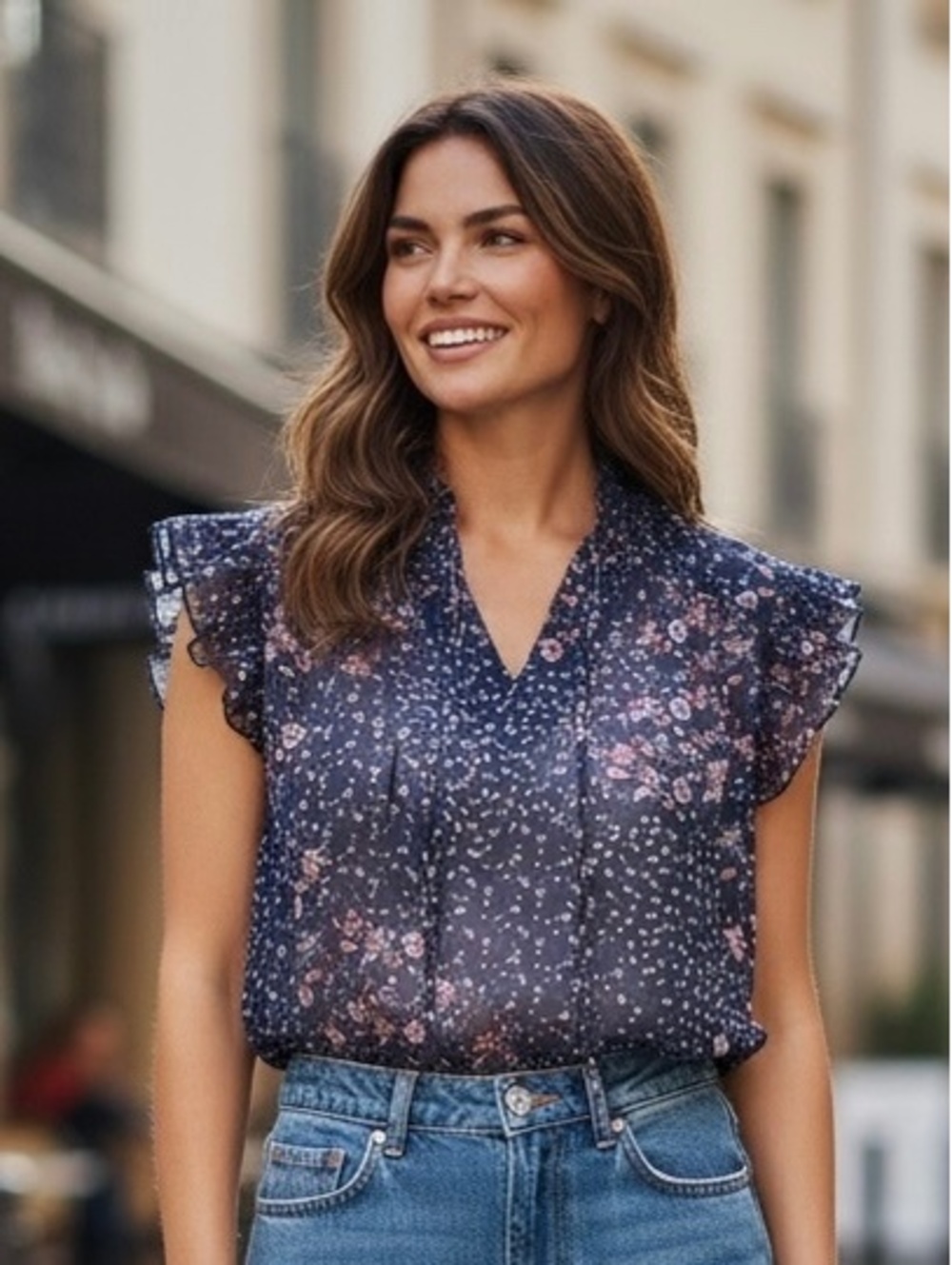 Joie Metallic Floral Blouse | Navy & Pink | Tie Neck | M